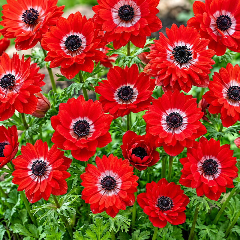 A dense cluster of bright red anemone flowers with dark centers and white rings, surrounded by green foliage.