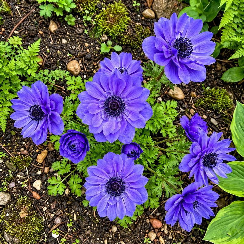 A cluster of vibrant blue-purple anemone flowers with dark centers and green foliage growing in a natural garden bed with soil, moss, and small stones.