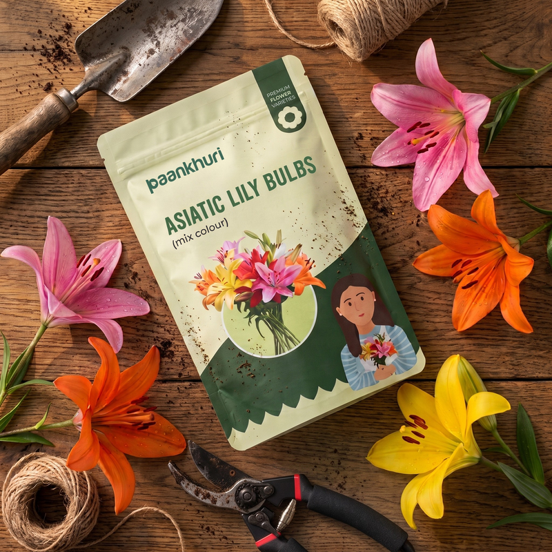 A package of Paankhuri Asiatic Lily Bulbs (mix colour) is displayed in a flat-lay arrangement on a rustic wooden surface, surrounded by blooming pink, orange, and yellow lilies, gardening tools, and twine.