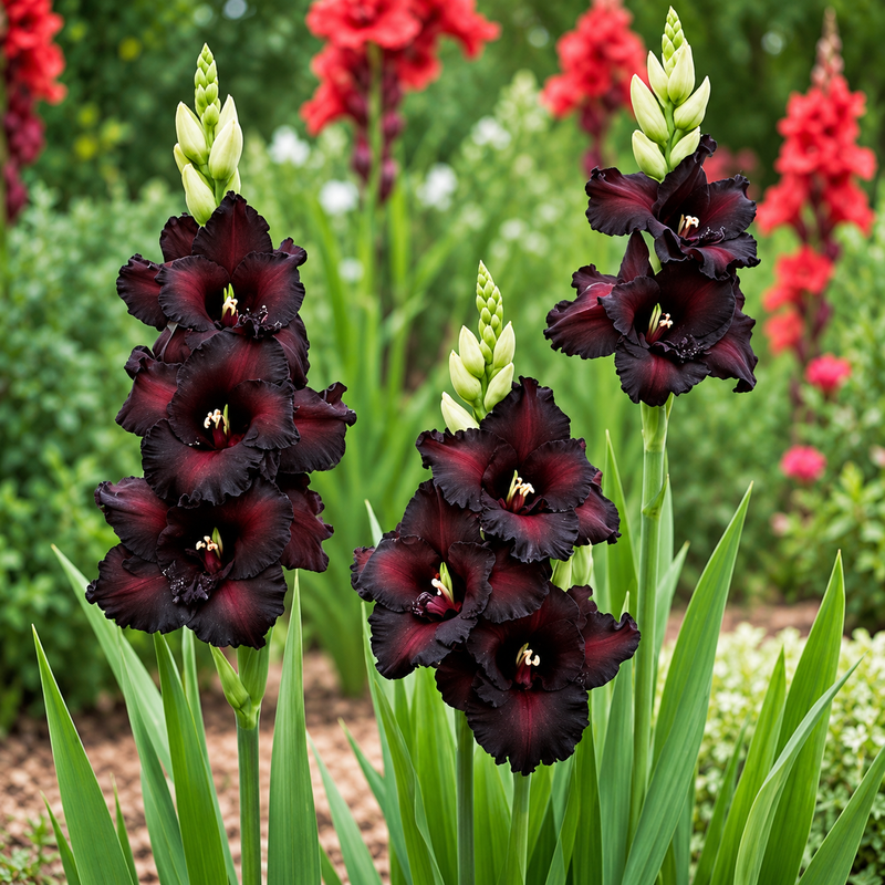 Dark burgundy gladiolus flowers blooming in a garden with green foliage and blurred red flowers in the background.