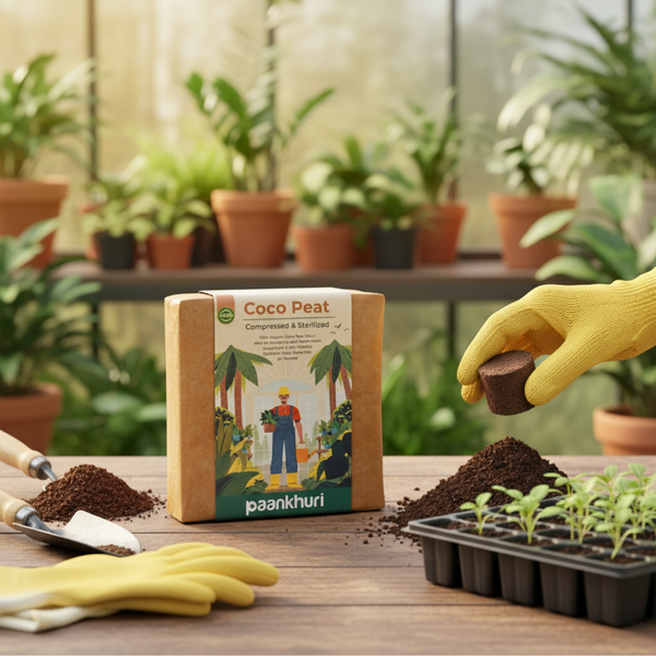 Person using coco peat from Paankhuri packaging with gardening tools and plants in the background