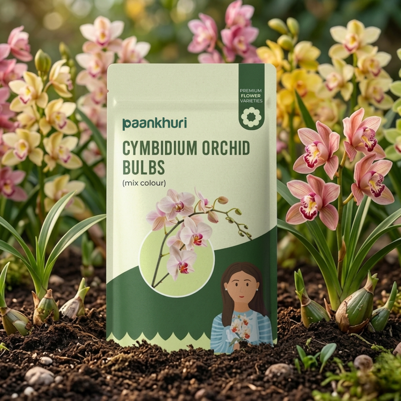 Paankhuri Cymbidium Orchid Bulbs packaging with orchids in the background