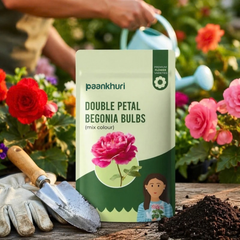 A stand-up pouch of Paankhuri Double Petal Begonia Bulbs is placed on a wooden surface in a garden setting, with gloves, a trowel, soil, and a person watering flowers in the background.