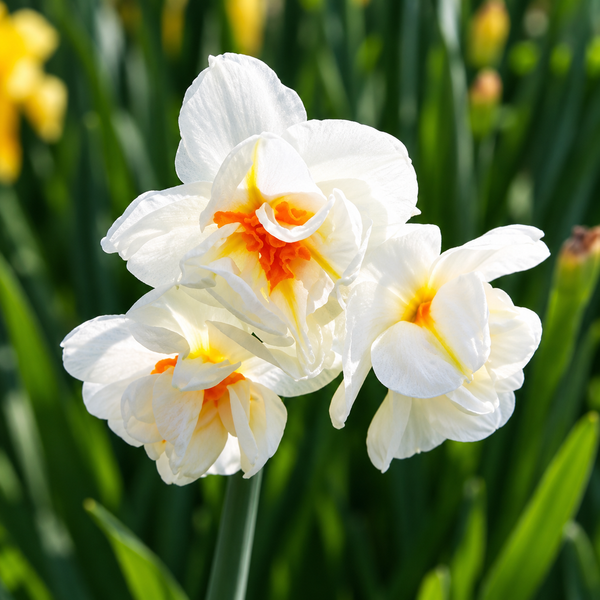 Three white daffodils with bright orange and yellow centers in full bloom, surrounded by green leaves and blurred yellow flowers in the background.