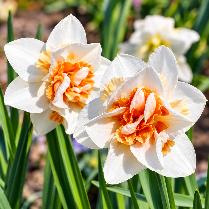 Two white daffodils with vibrant orange and yellow ruffled centers, surrounded by green leaves in a garden setting.