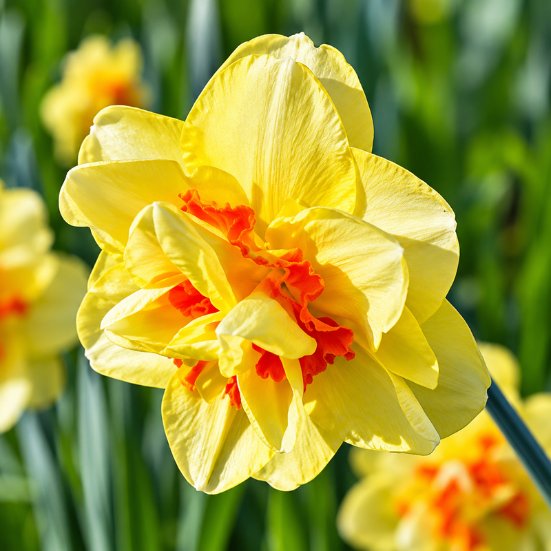 A close-up of a yellow daffodil flower with orange-red center details, photographed outdoors against a blurred green garden background.
