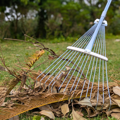 Rake collecting dry leaves on a grassy area with blurred greenery in the background