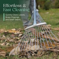 Metal garden rake clearing leaves on a grassy area with text about cleaning efficiency.