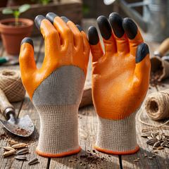 A pair of orange and gray gardening gloves with black-tipped fingers, displayed on a rustic wooden surface surrounded by gardening props like a trowel, twine, seeds, and a potted plant.