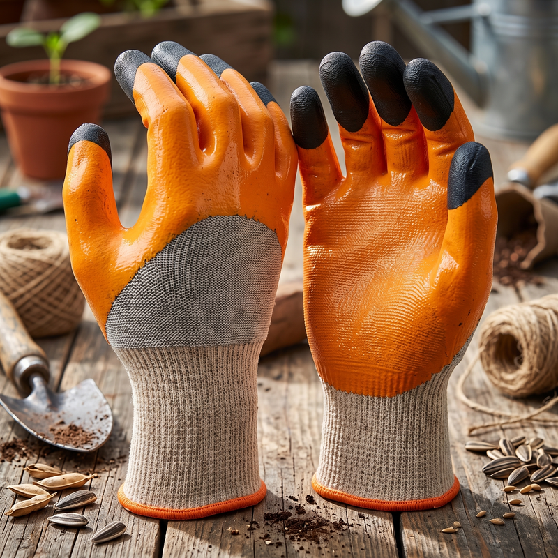 A pair of orange and gray gardening gloves with black-tipped fingers, displayed on a rustic wooden surface surrounded by gardening props like a trowel, twine, seeds, and a potted plant.