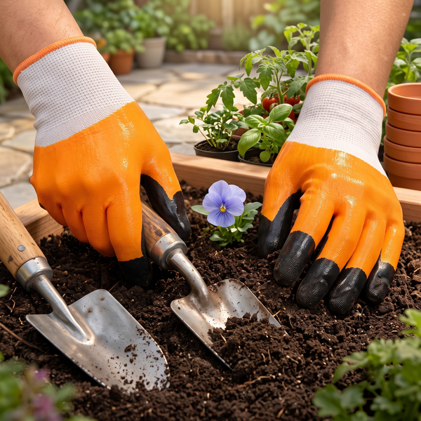 Close-up of a person's hands wearing bright orange and white gardening gloves with black fingertips, planting soil with two small hand trowels in a garden bed.