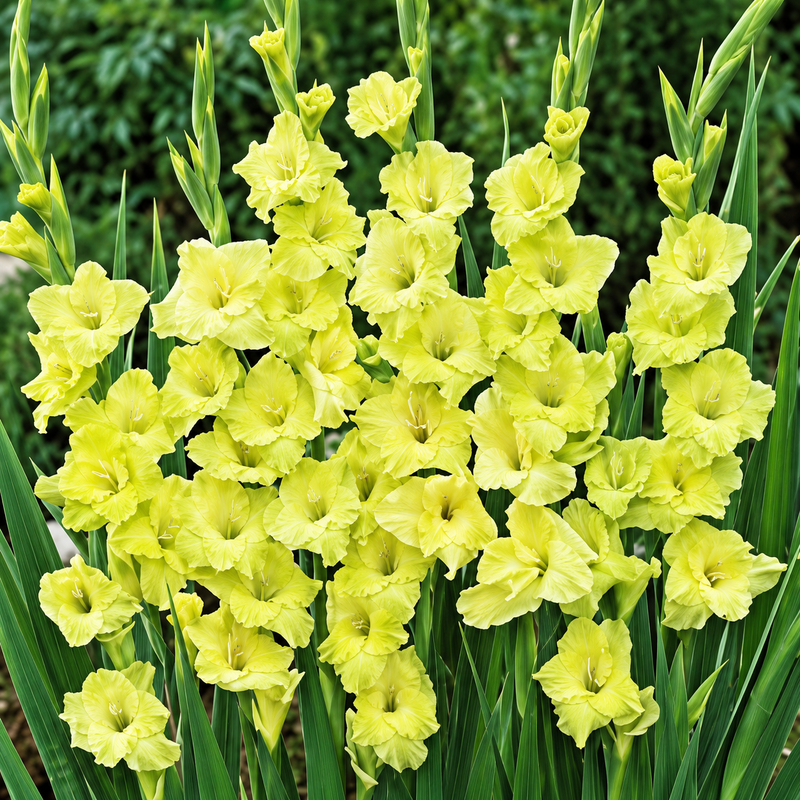 A dense cluster of pale yellow gladiolus flowers with long green leaves, photographed outdoors against a blurred green garden background.