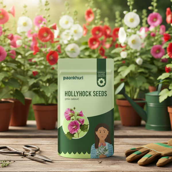 Paankhuri Hollyhock Seeds packaging with flowers in the background
