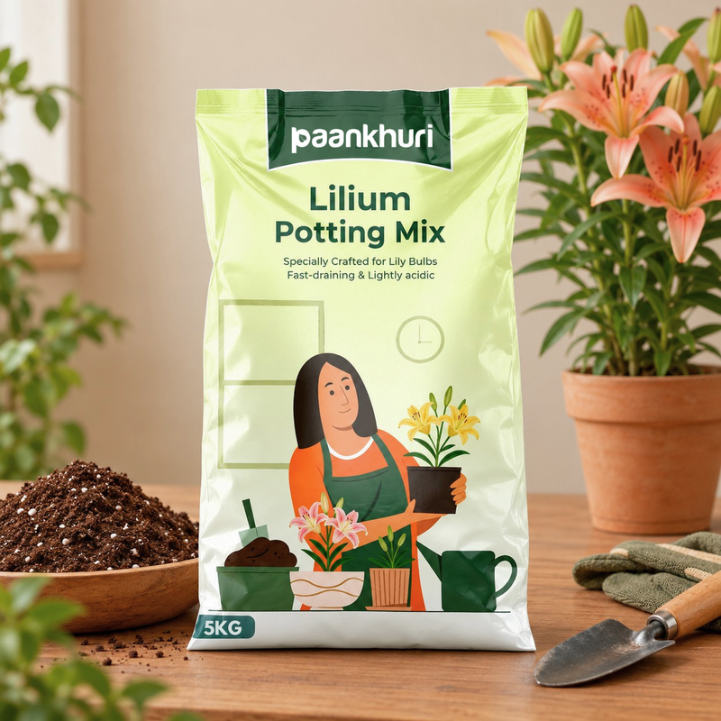 A 5kg bag of Paankhuri Lilium Potting Mix stands on a wooden table, flanked by a bowl of soil, gardening gloves, and a potted lily plant in the background.