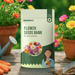 Paankhuri Flower Seeds Bank packaging with flowers and gardening tools in the background