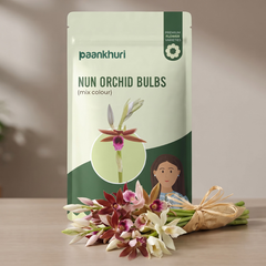 A stand-up pouch of Paankhuri Nun Orchid Bulbs (mix colour) displayed on a wooden surface with a small bouquet of pink, white, and burgundy orchid bulbs in front of it.
