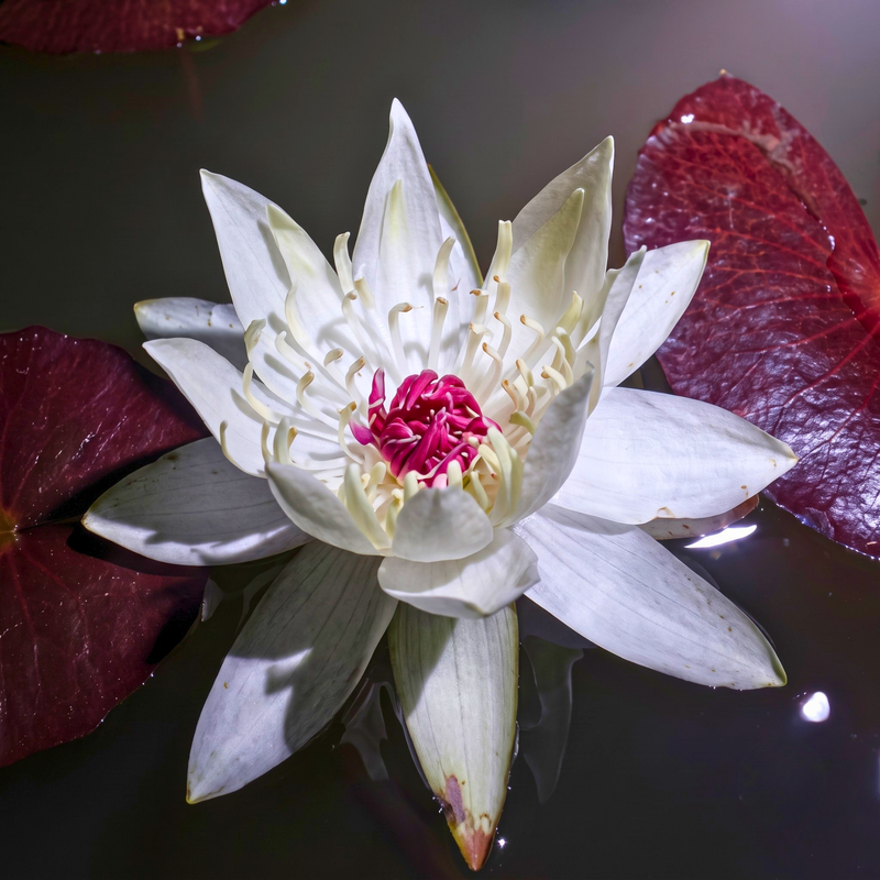 A close-up of a blooming white water lily with a bright pink center, floating on dark water with red lily pads visible around it.