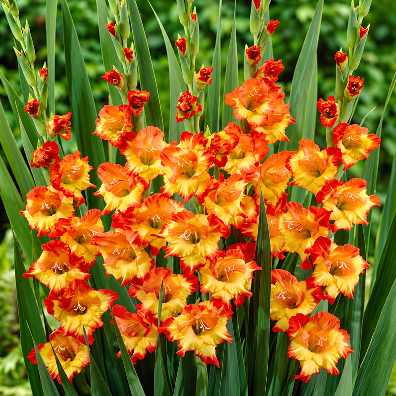 A dense cluster of ornamental gladiolus flowers in vivid yellow and orange-red tones, surrounded by tall green leaves on a blurred green garden background.