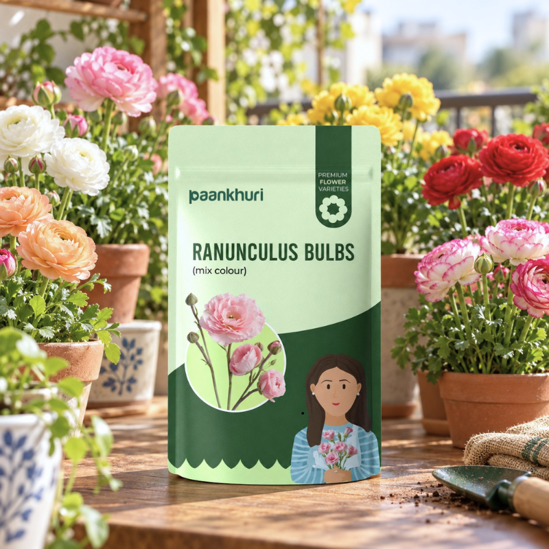 A stand-up pouch of Paankhuri Ranunculus Bulbs (mix colour) is centered on a wooden table surrounded by potted flowers, including pink, red, and yellow ranunculus, with a small gardening trowel in the foreground.