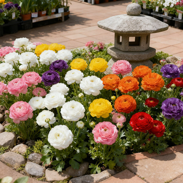 Colorful flowers in a garden with a stone lantern in the background