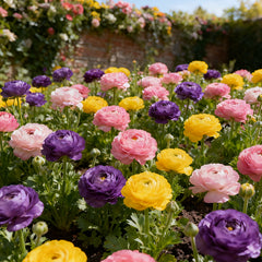 Colorful flowers including purple, yellow, and pink in a garden setting.