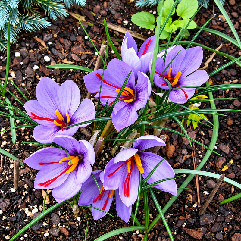 Purple saffron flowers blooming in a garden bed among green grass and brown mulch.