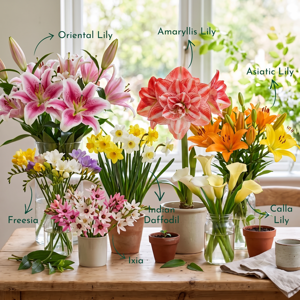 A tabletop arrangement of labeled flower arrangements in glass jars and pots, including pink Oriental lilies, a red Amaryllis lily, orange Asiatic lilies, yellow daffodils, white calla lilies, and pink freesias, with handwritten labels pointing to each type. The scene is set in a bright indoor environment with a window and greenery in the background.