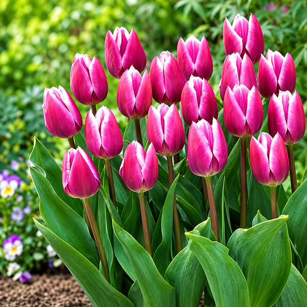 A cluster of vibrant pink tulips with green leaves in full bloom, set against a soft-focus green garden background.