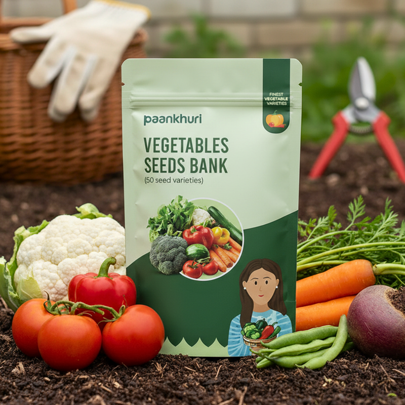 Paankhuri Vegetables Seeds Bank package with fresh vegetables on a gardening background