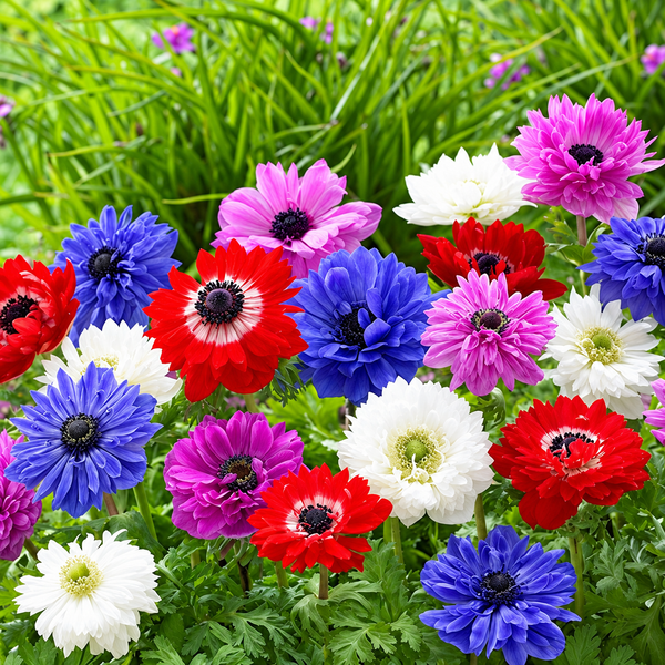 A close-up of a cluster of anemone flowers in vibrant shades of blue, red, pink, and white, growing among green foliage.