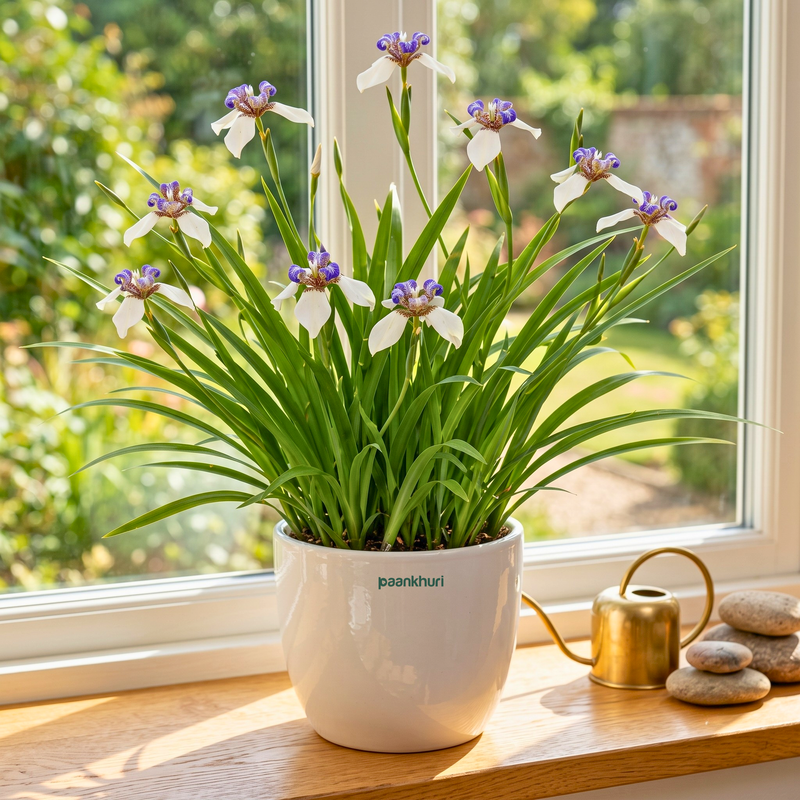 A potted Iris 'Paavi Kuri' plant with white petals and purple centers, sitting on a wooden windowsill with a small brass watering can and stones nearby.