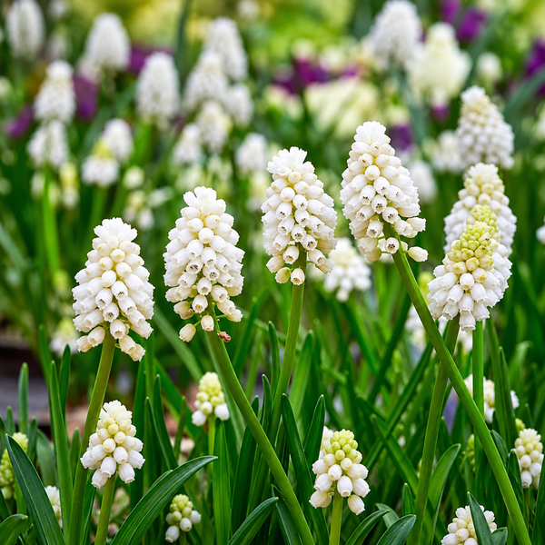White grape hyacinth flowers blooming in a garden bed, with green leaves and stems in a softly blurred background.