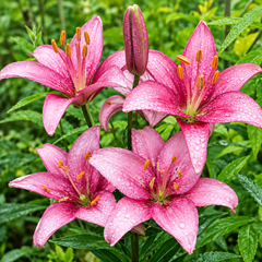 Pink lilies with water droplets on their petals, surrounded by green foliage.