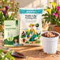 Paankhuri Calla Lily Bulbs 5kg and Calla Lily Potting Mix bags displayed on a wooden table next to a white plastic pot filled with potting soil, with a gardening trowel and potted flowers in the background.