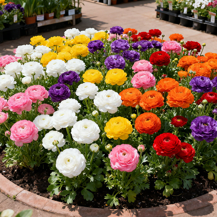 Colorful flower bed with various flowers including white, pink, yellow, purple, orange, and red.