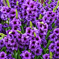 A dense cluster of purple gladiolus flowers with green leaves and stems, filling the frame.