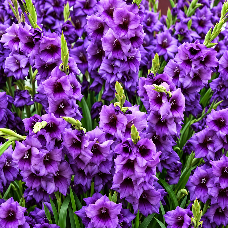A dense cluster of purple gladiolus flowers with green leaves and stems, filling the frame.