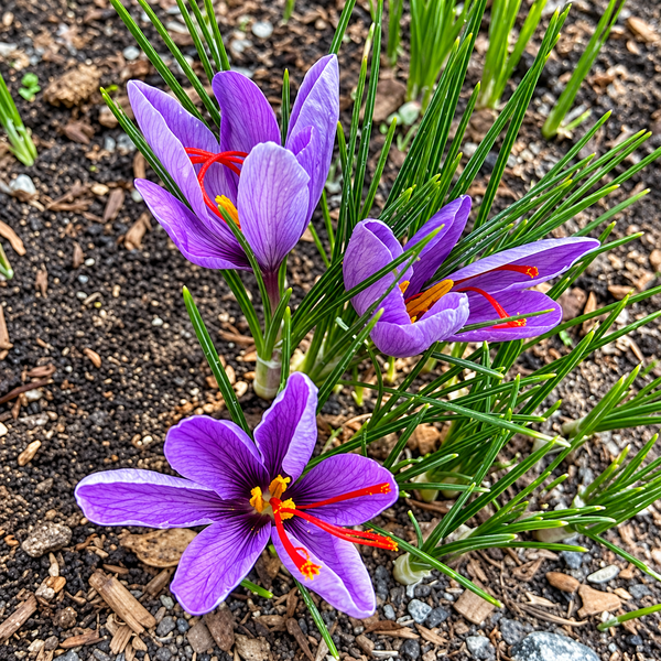 Three blooming purple crocuses with bright red stamens and yellow centers growing among green needle-like leaves in mulch.