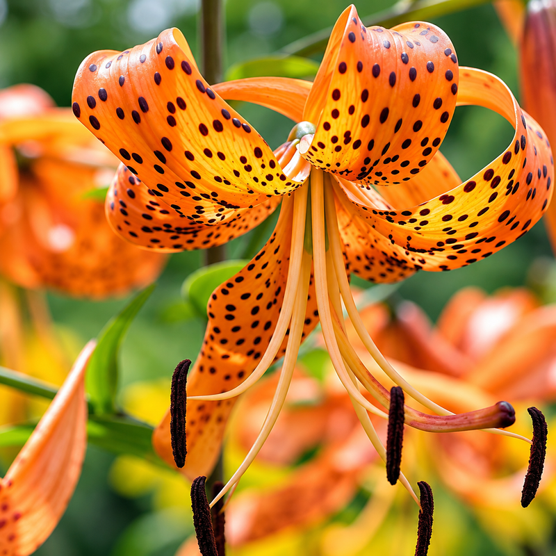 Close-up of an orange tiger lily flower with dark brown spots and long pale stamens, photographed in a garden with blurred orange flowers and green foliage in the background.