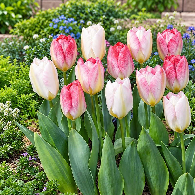 A cluster of tulips in a garden bed, featuring petals that fade from white at the tips to a vibrant pink along the edges, surrounded by lush green leaves and small blue flowers in the background.