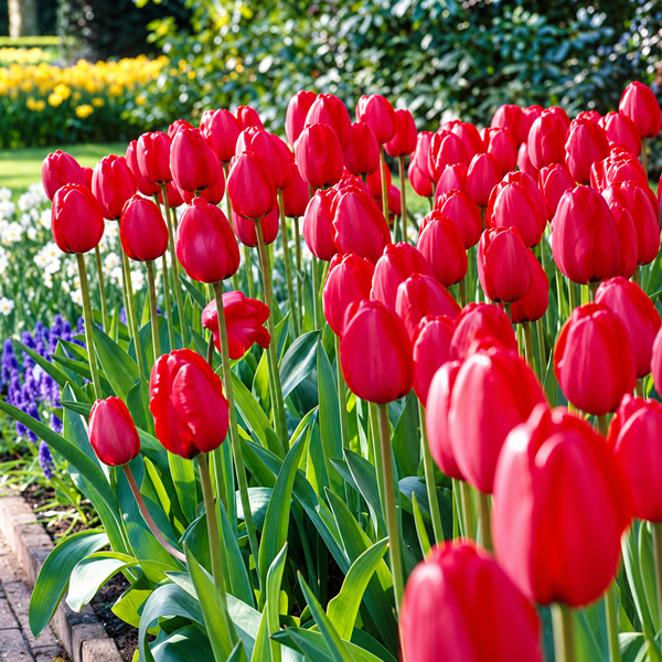 A dense cluster of vibrant red tulips with long green stems and leaves, growing in a sunny garden bed with blurred green foliage and yellow flowers in the background.