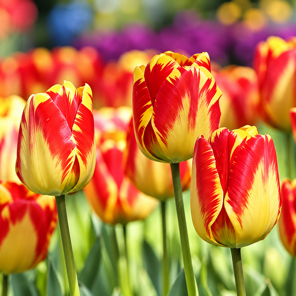 Close-up of tulip flowers in a field, with three prominent tulips in the foreground showing red and yellow variegated petals and green stems.